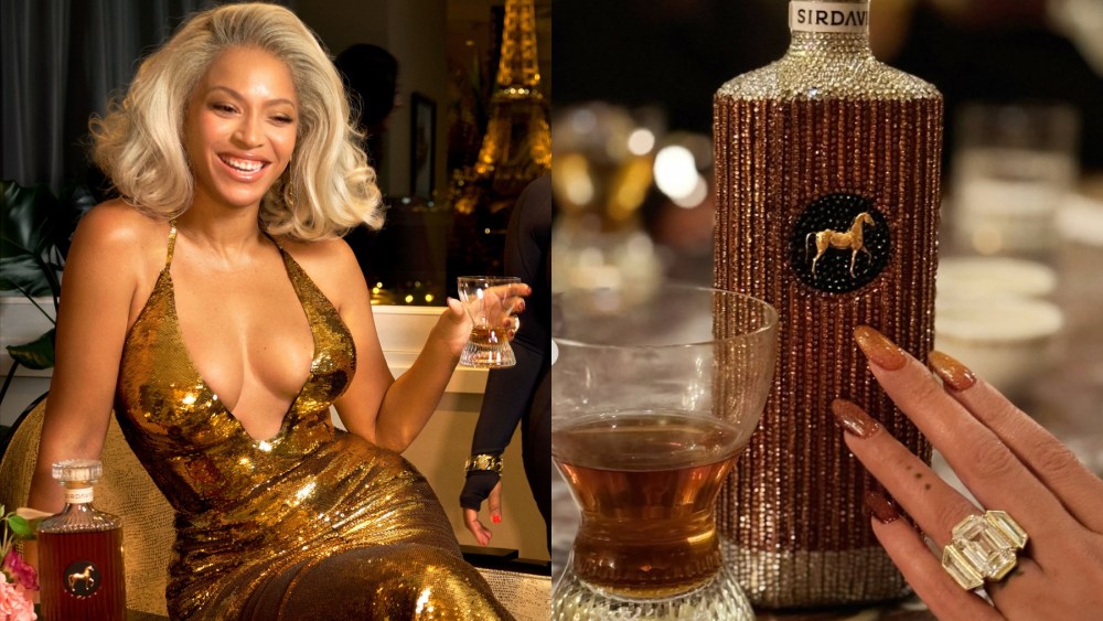 Beyonce Gucci HED Beyoncé Glitters in Gold Gucci Dress for SirDavis Paris Event, Accessorizes with Bedazzled Whiskey Bottle Purse