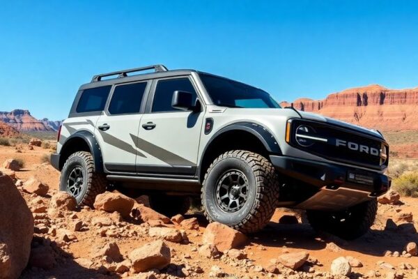 Raptor Bronco off-roading in rugged outdoor terrain.