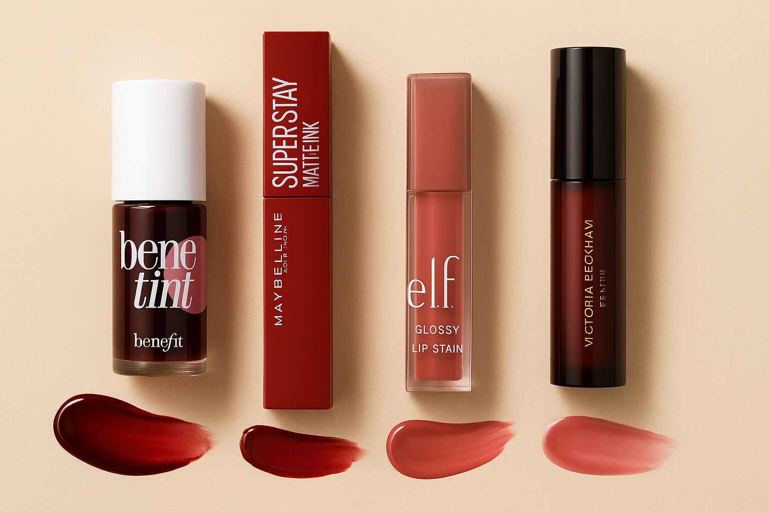 Four lip products with swatches on a beige background.