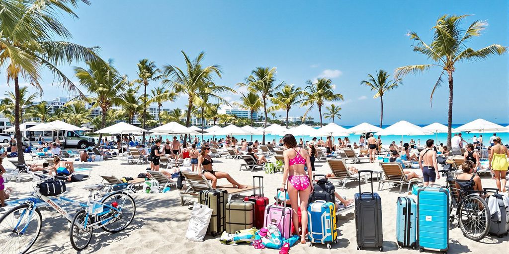 Trendy travelers relaxing by the beach with luggage nearby.