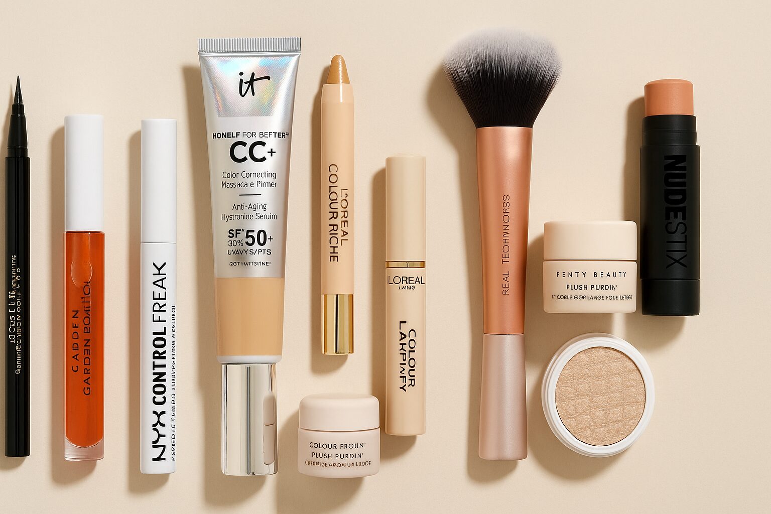 A variety of makeup products arranged on a flat surface.