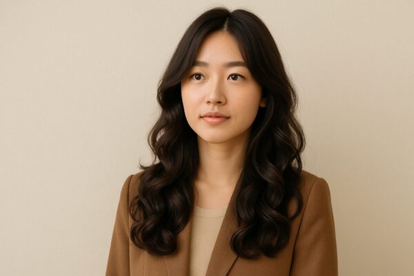 Woman with shiny, wavy digital perm in trendy salon.